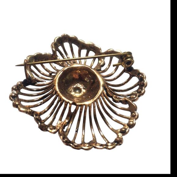 Vintage Copper-Tone Floral Rhinestone Brooch – Pink Crystal Flower Pin, 1.75" - Picture 4 of 4